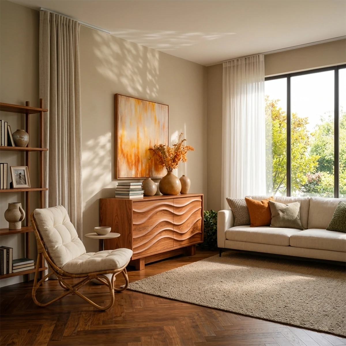 Contemporary buffet cabinet featuring sculpted wave texture and clean styling
