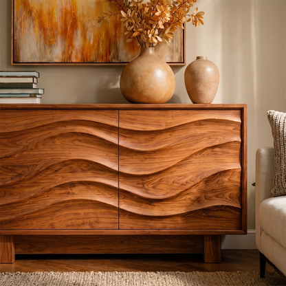 Minimalist credenza with flowing carved doors and modern storage layout