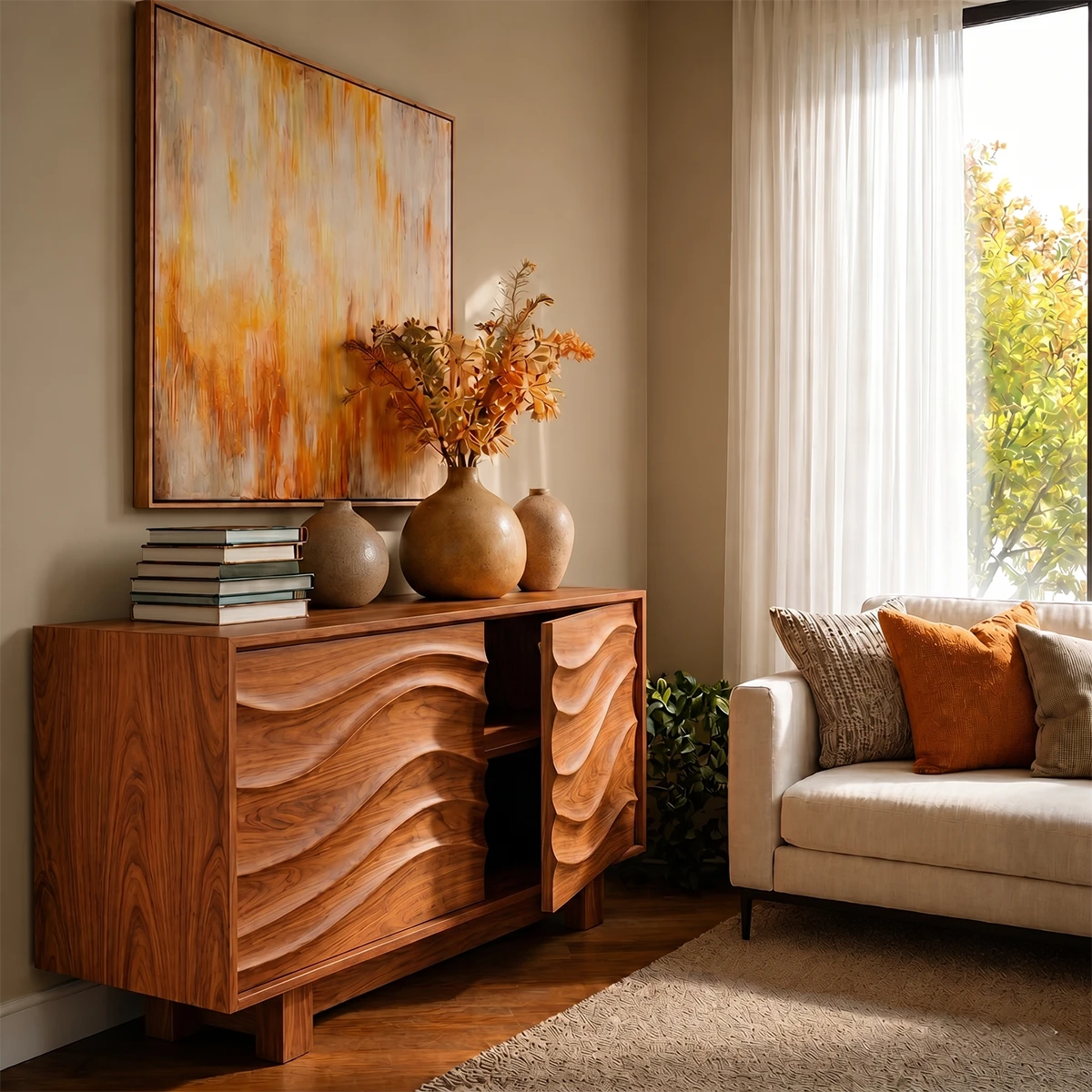 Elegant sideboard console showcasing organic wave detailing and sleek form
