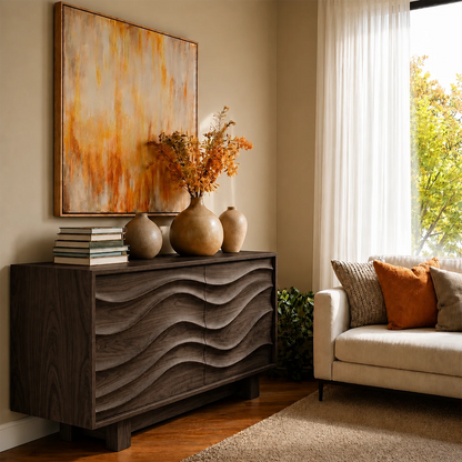Architectural storage sideboard with sculptural front panels and modern appeal