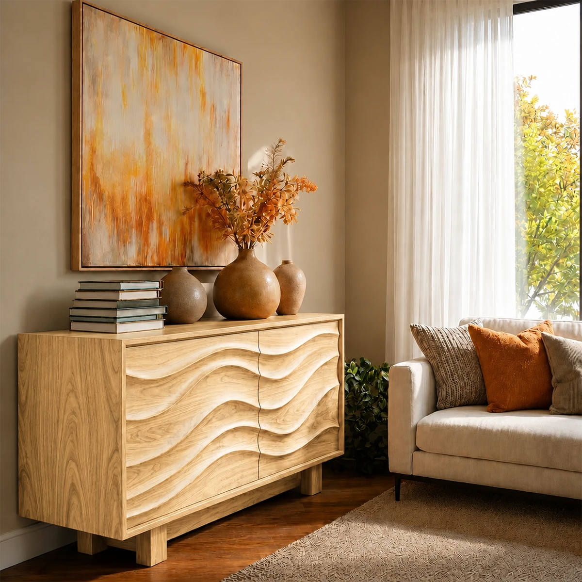 Contemporary credenza cabinet featuring dimensional wave carving and storage