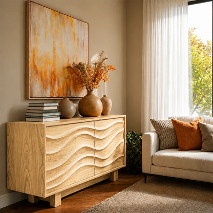 Contemporary credenza cabinet featuring dimensional wave carving and storage