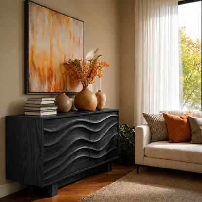 Refined buffet console showcasing curved front texture and minimalist style