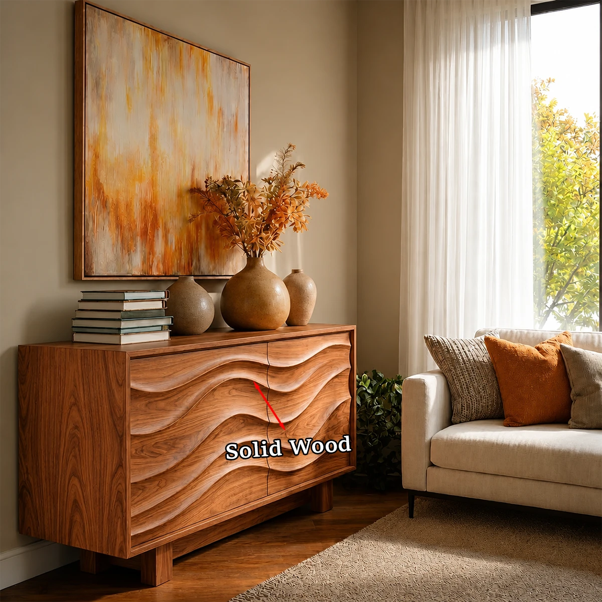 Modern dining room sideboard with artistic wave detailing and clean form