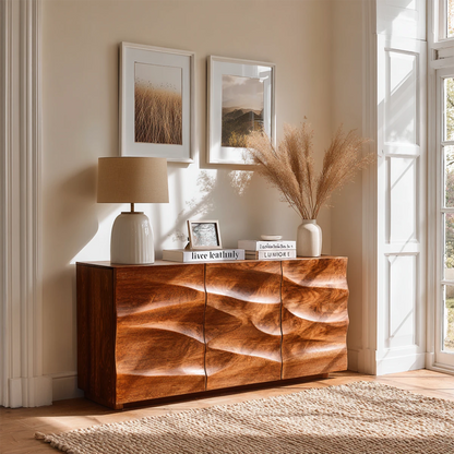 Wave front sideboard cabinet with sculpted texture and modern concealed storage design
