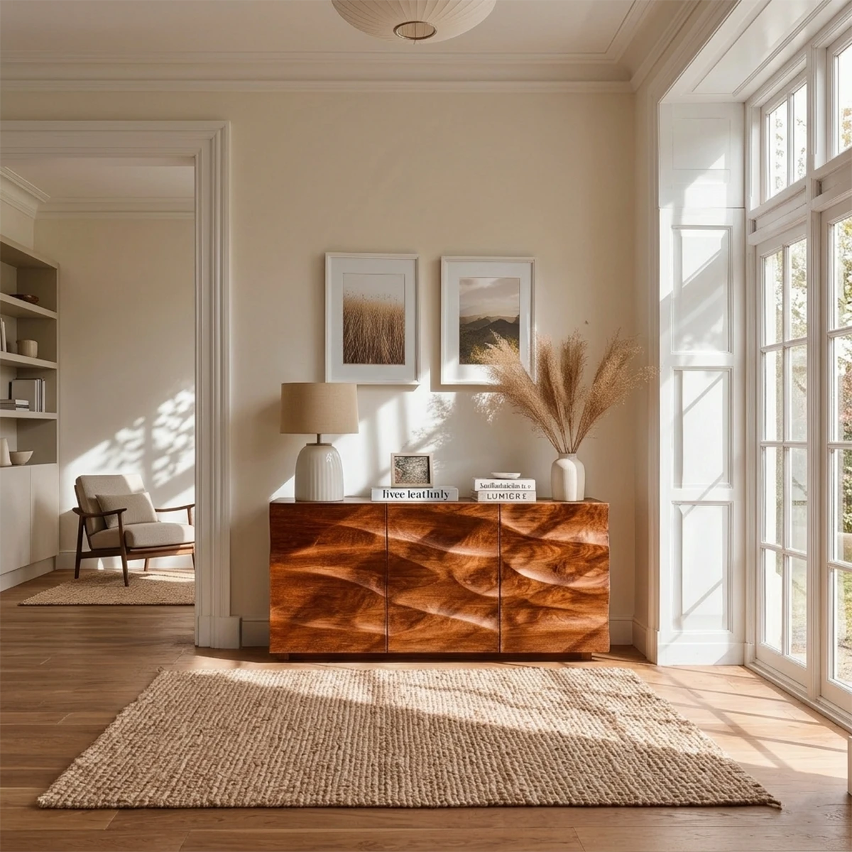 Contemporary buffet cabinet featuring carved wave detailing and elegant room styling