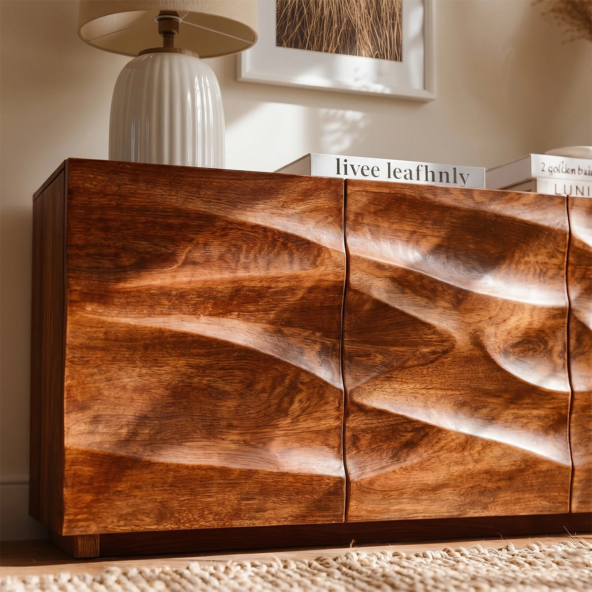 Artistic sideboard console with dimensional cabinet fronts and minimalist interior appeal