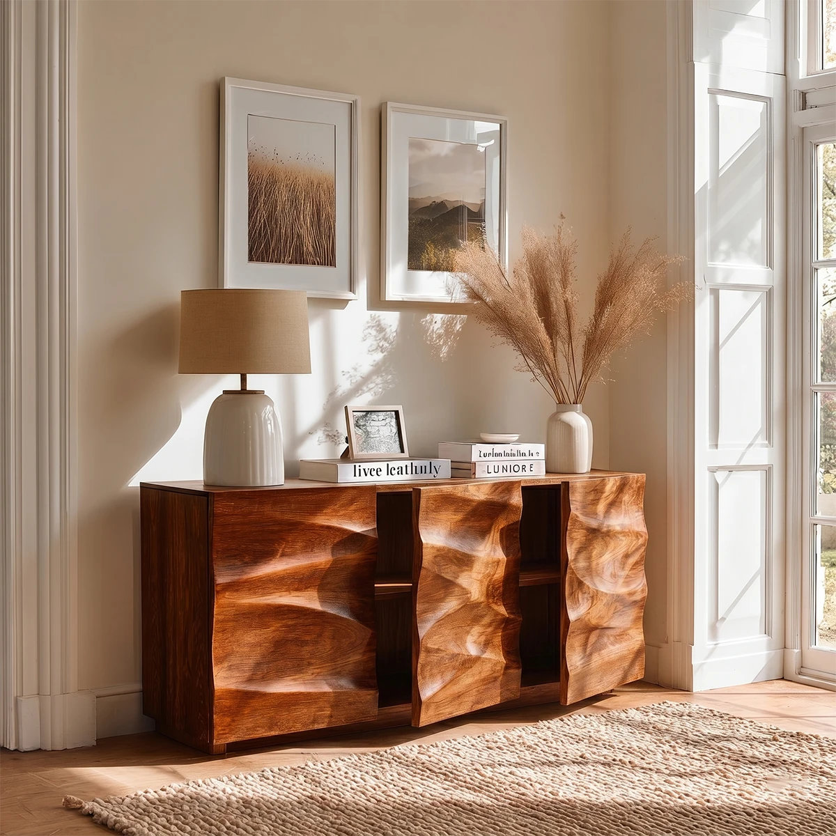 Modern storage sideboard with flowing sculptural texture and clean architectural lines