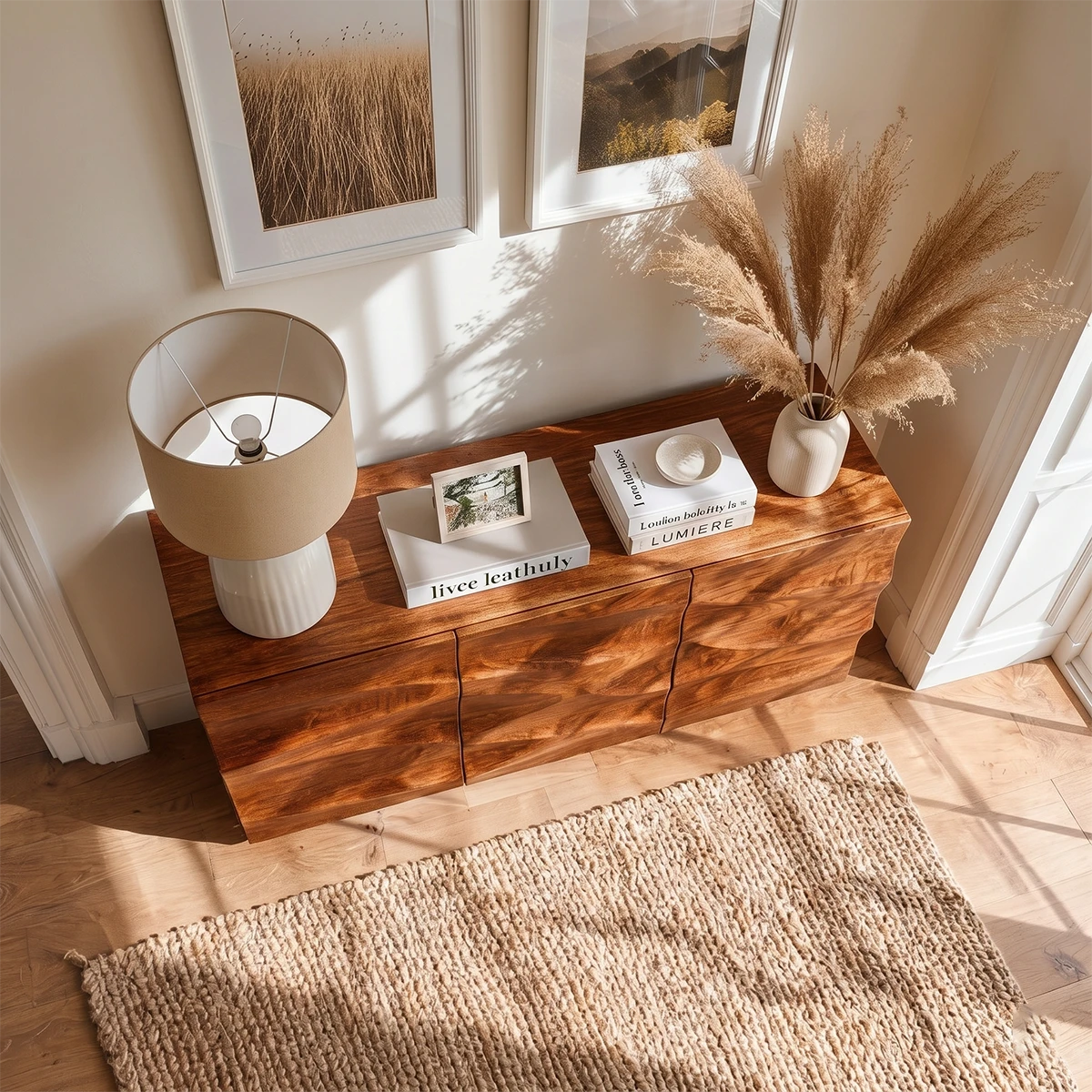 Refined buffet sideboard with handcrafted wave panels and spacious hidden organization