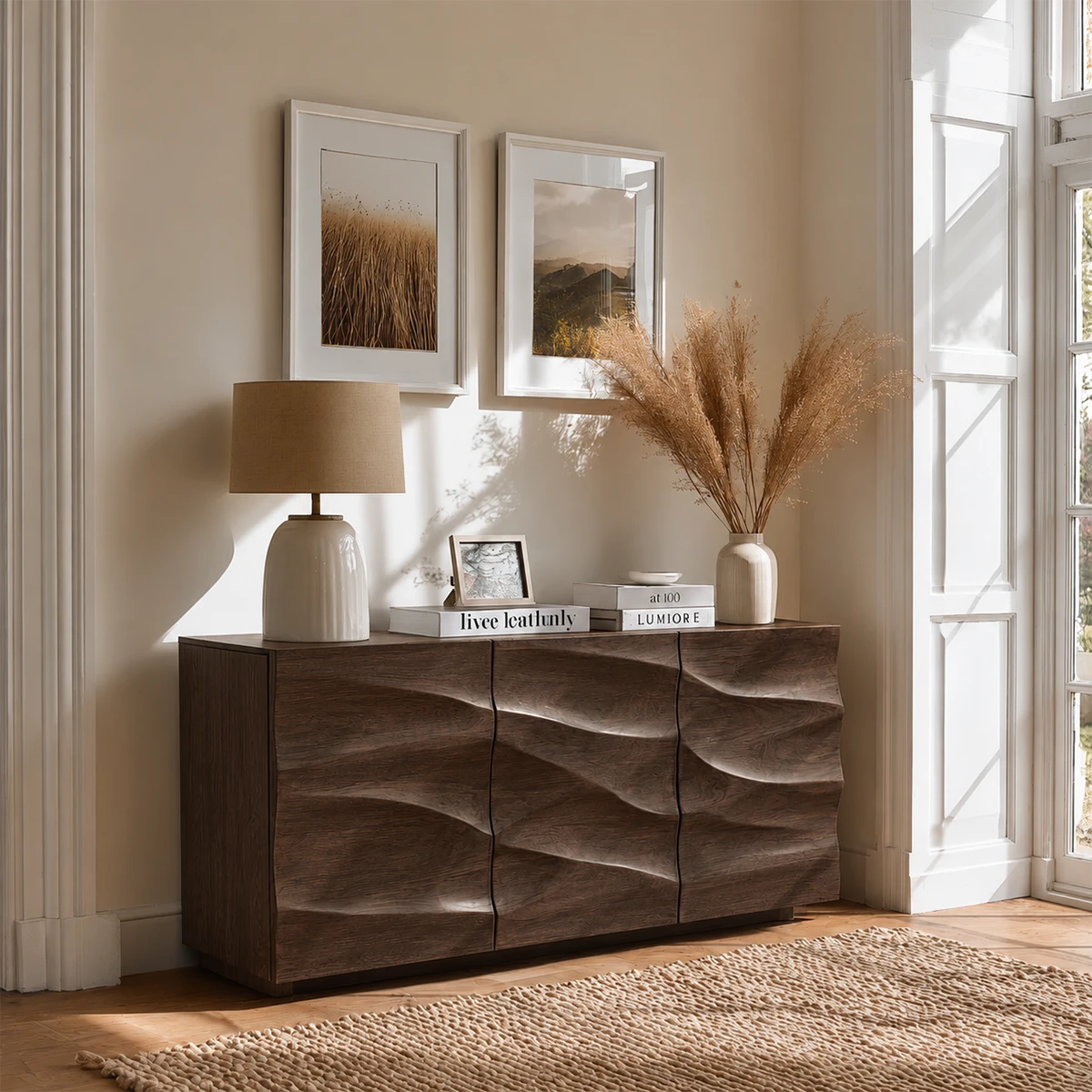 Sculptural storage cabinet with layered carved detailing and contemporary living room style
