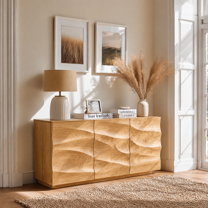 Minimalist sideboard cabinet with artistic textured fronts and sleek storage functionality