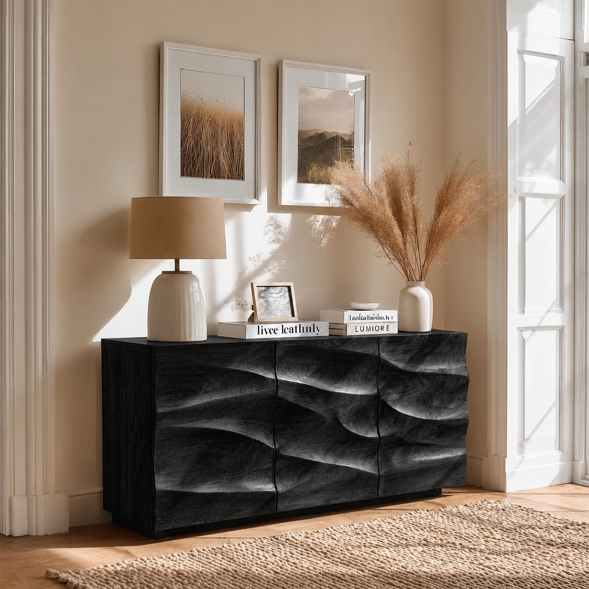 Statement buffet cabinet with flowing carved surfaces and balanced modern proportions