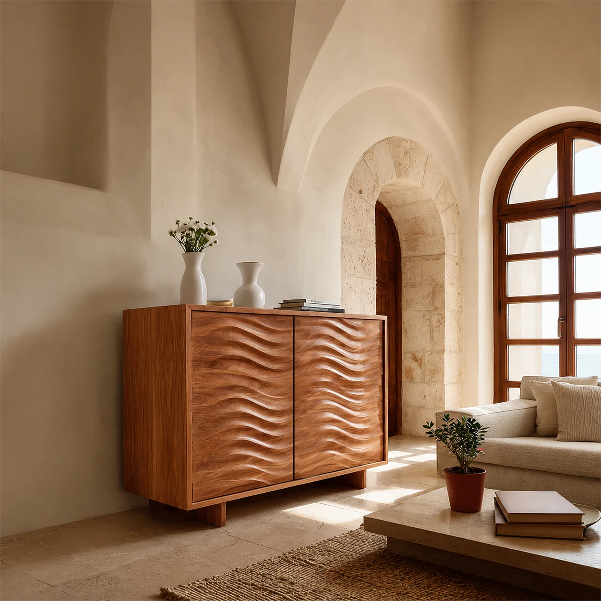 Contemporary buffet cabinet with flowing carved details and minimalist room styling