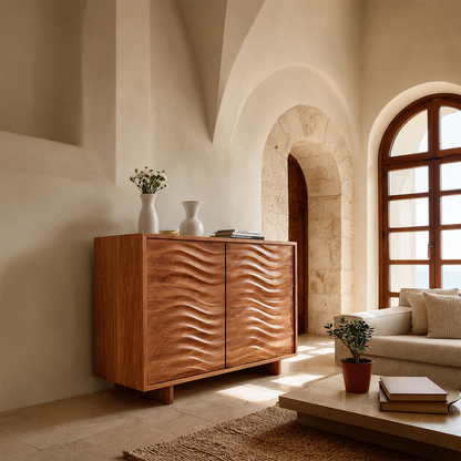 Contemporary buffet cabinet with flowing carved details and minimalist room styling