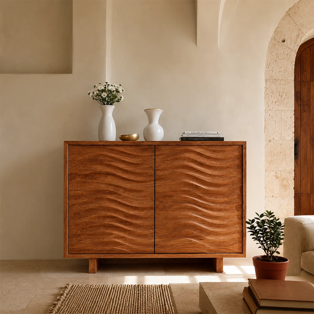 Wooden sideboard with wavy design in a room with a plant and decorative items.