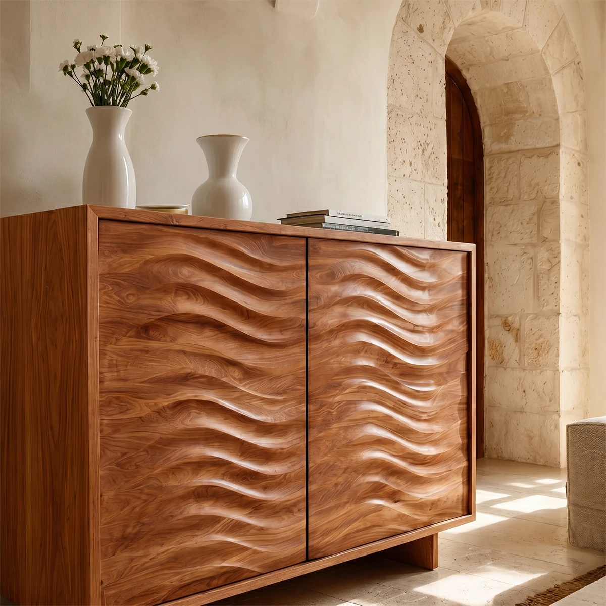 Sculptural sideboard storage cabinet with dimensional wave front and elegant silhouette