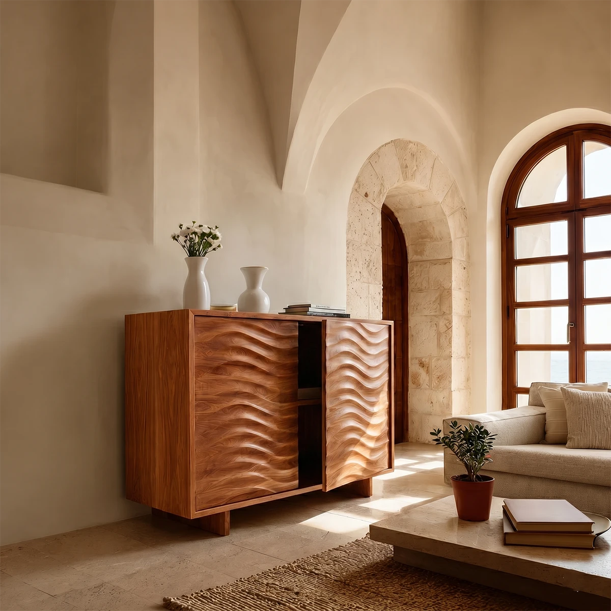 Modern sideboard cabinet featuring artistic carved doors and warm natural grain texture