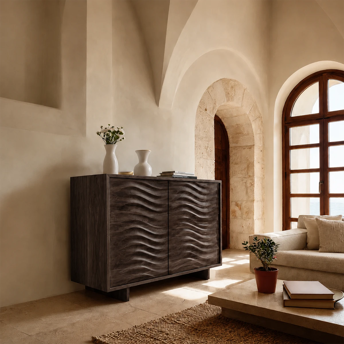 Minimalist sideboard cabinet with handcrafted sculpted detailing and clean architecture
