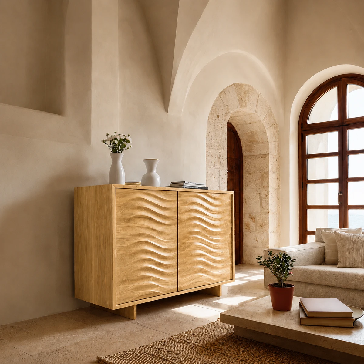 Organic modern buffet cabinet with curved carved surfaces and refined interior presence