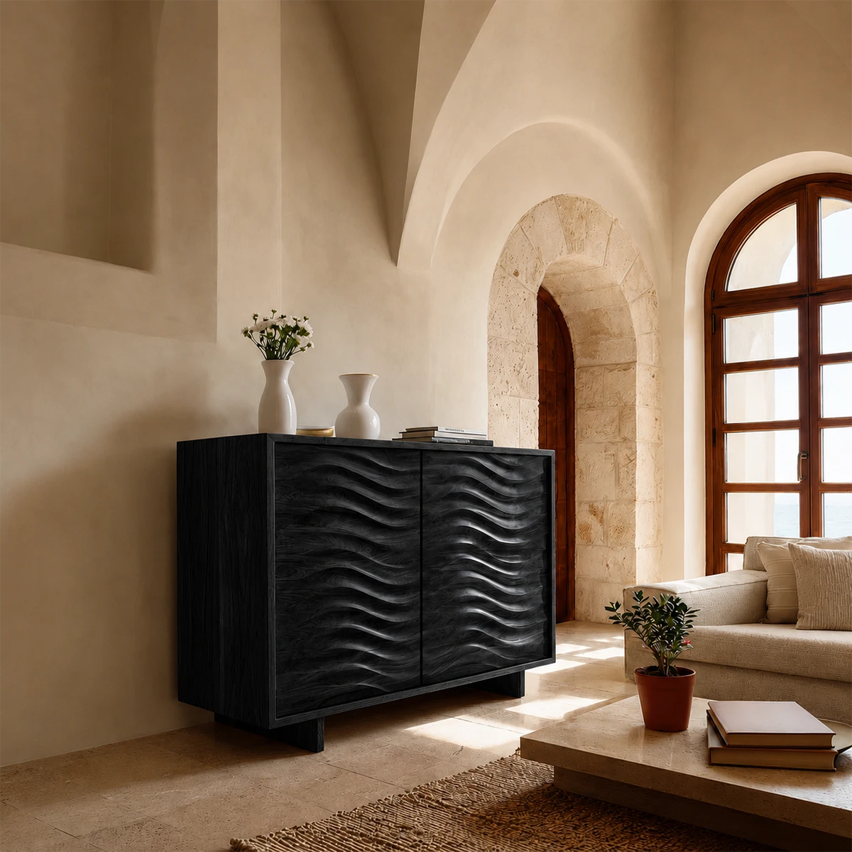 Statement sideboard storage cabinet with textured wave doors and contemporary styling