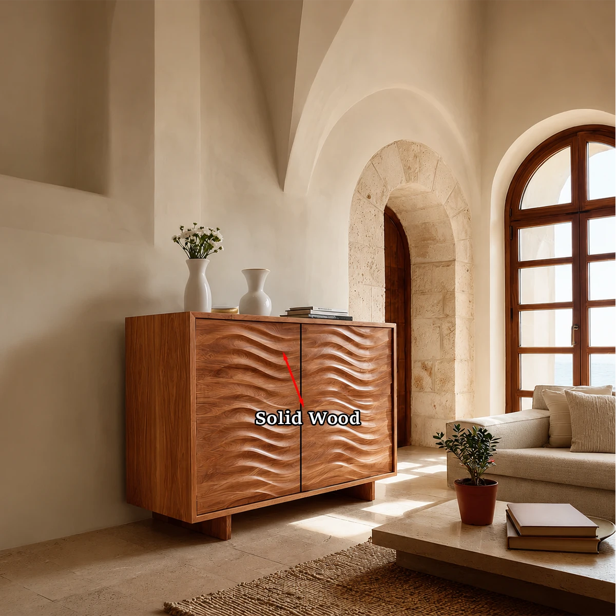 Artistic storage sideboard with sculptural front design for Mediterranean inspired homes