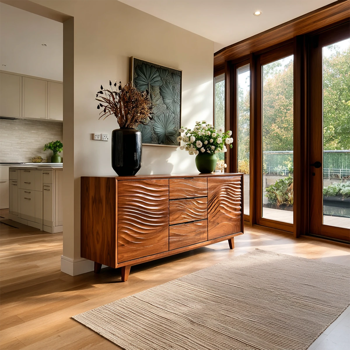 Wave texture sideboard cabinet with sculpted drawer fronts and modern storage styling