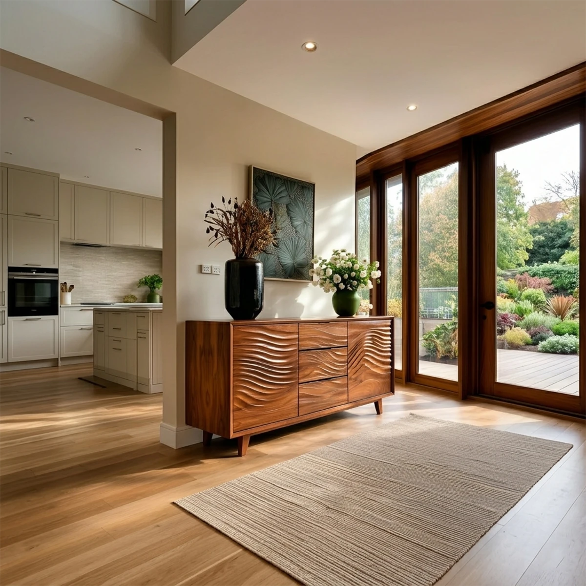 Contemporary buffet cabinet featuring carved wave detailing and elegant hidden storage