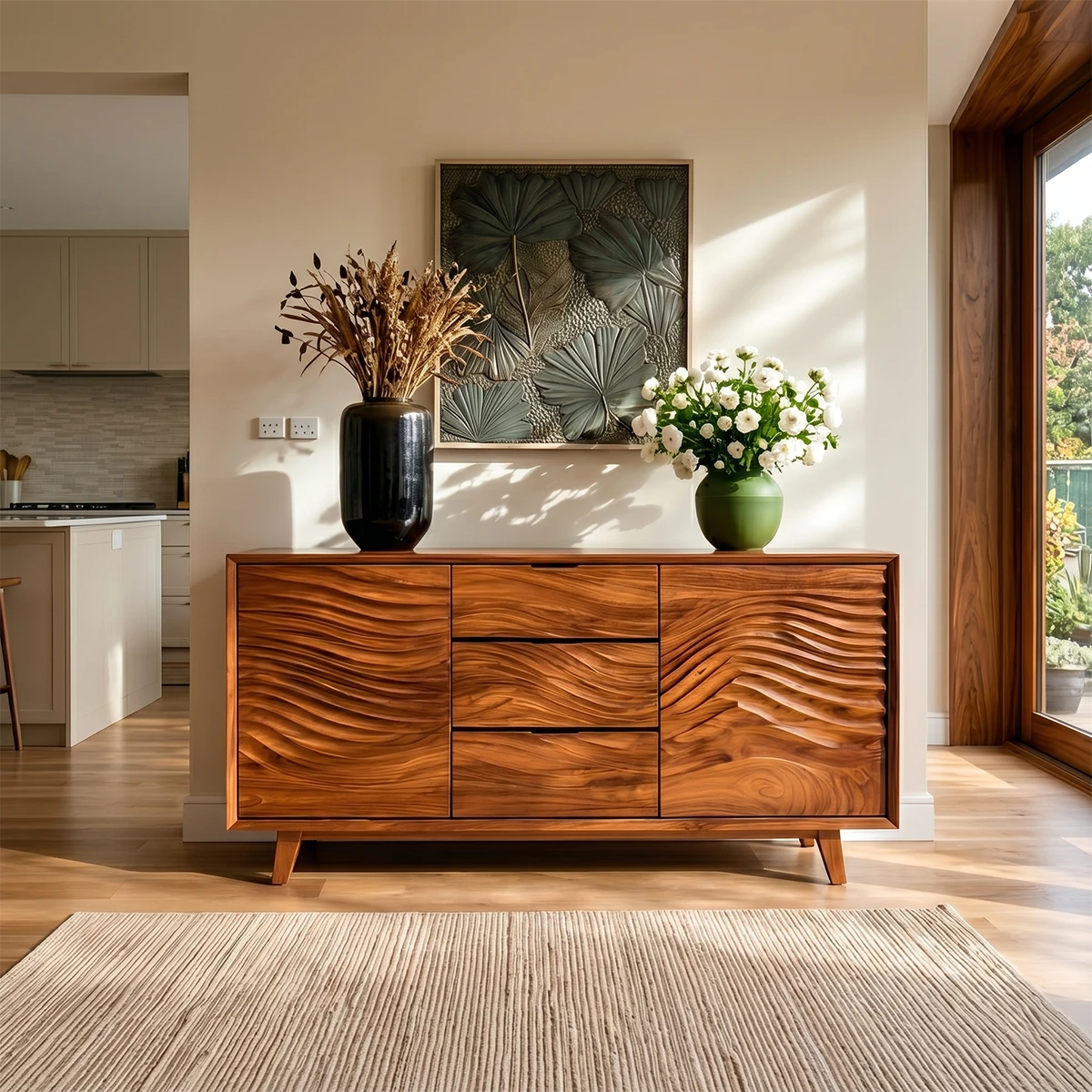Modern storage sideboard with flowing textured surfaces and refined interior appeal
