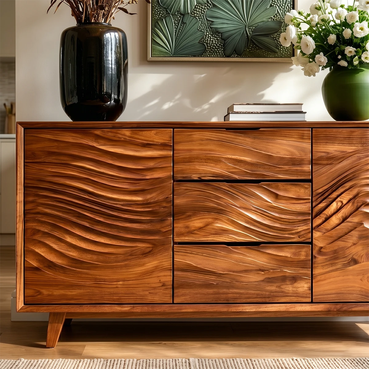 Artistic credenza cabinet with layered wave fronts and balanced modern proportions