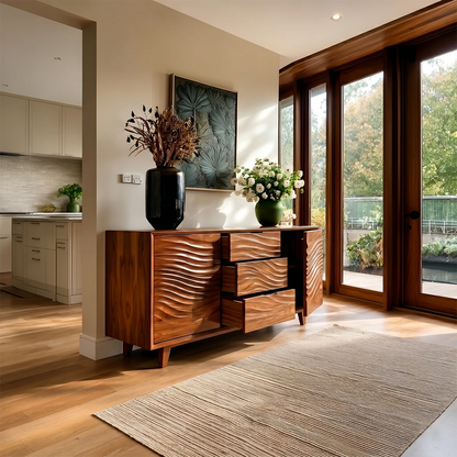 Minimalist sideboard console with sculpted drawer texture and sleek storage functionality