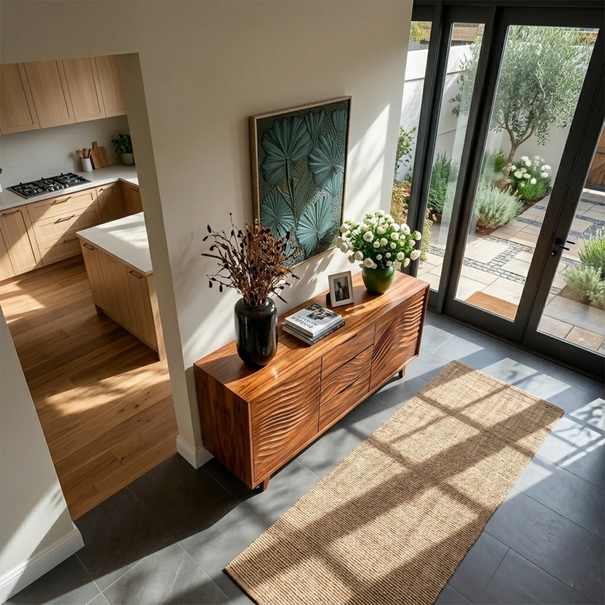 Elegant buffet sideboard with dimensional carved detailing and contemporary room styling