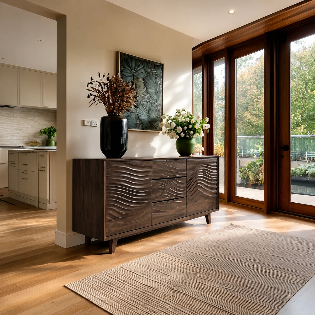 Modern storage cabinet featuring wave texture panels and seamless organization space
