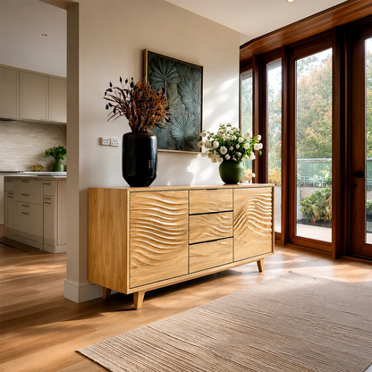 Sculptural sideboard cabinet with handcrafted textured fronts and modern interior design