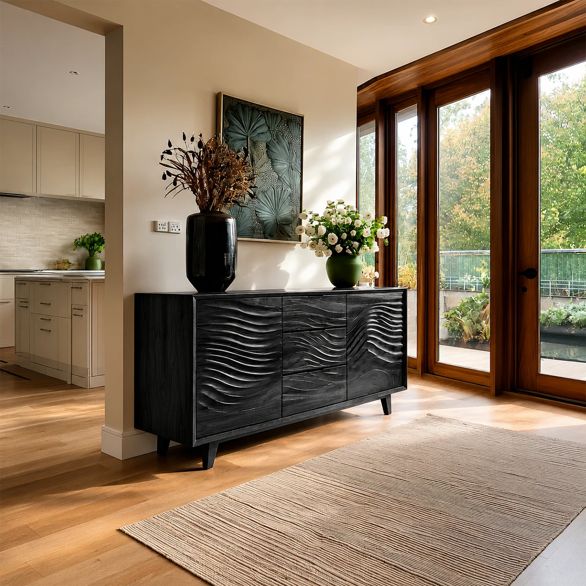 Contemporary buffet console with flowing carved surfaces and practical hidden storage